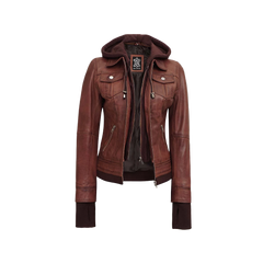 Dark Brown Women's Bomber Leather Jacket with Removable Hood
