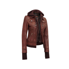 Dark Brown Women's Bomber Leather Jacket with Removable Hood