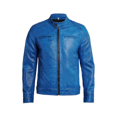 Dodge Men Cafe Racer Blue Leather Jacket
