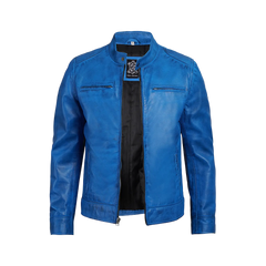 Dodge Men Cafe Racer Blue Leather Jacket