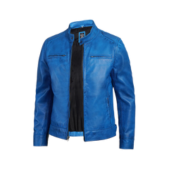 Dodge Men Cafe Racer Blue Leather Jacket