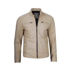 Dodge Men's Beige Leather Cafe Racer Jacket