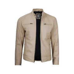 Dodge Men's Beige Leather Cafe Racer Jacket