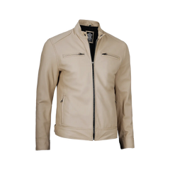 Dodge Men's Beige Leather Cafe Racer Jacket