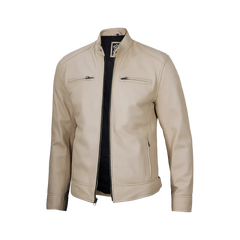 Dodge Men's Beige Leather Cafe Racer Jacket