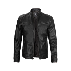 Dodge Men's Black Leather Cafe Racer Jacket