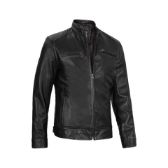 Dodge Men's Black Leather Cafe Racer Jacket