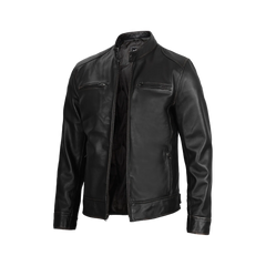 Dodge Men's Black Leather Cafe Racer Jacket