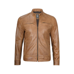Dodge Men's Camel Leather Cafe Racer Jacket