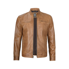 Dodge Men's Camel Leather Cafe Racer Jacket