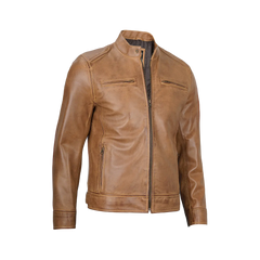 Dodge Men's Camel Leather Cafe Racer Jacket