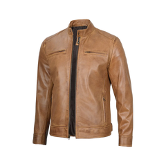 Dodge Men's Camel Leather Cafe Racer Jacket