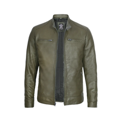 Dodge Men's Green Cafe Racer Real Leather Jacket
