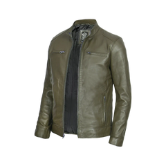 Dodge Men's Green Cafe Racer Real Leather Jacket