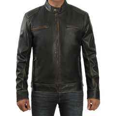 Dodge Men's Rub-off Dark Brown Cafe Racer Leather Jacket