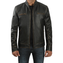 Dodge Men's Rub-off Dark Brown Cafe Racer Leather Jacket