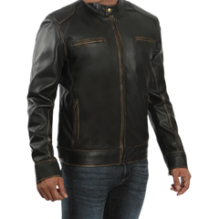 Dodge Men's Rub-off Dark Brown Cafe Racer Leather Jacket