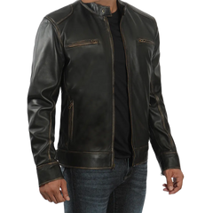 Dodge Men's Rub-off Dark Brown Cafe Racer Leather Jacket