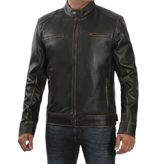 Dodge Tall Men's Rub-off Dark Brown Cafe Racer Leather Jacket