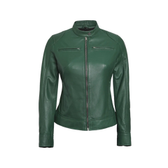 Dodge Women Green Motorcycle Cafe Racer Leather Jacket