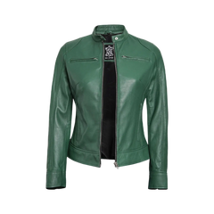 Dodge Women Green Motorcycle Cafe Racer Leather Jacket