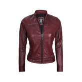 Dodge Women's Burgundy Cafe Racer Leather Jacket