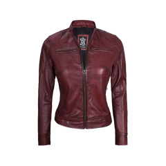Dodge Women's Burgundy Cafe Racer Leather Jacket