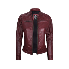 Dodge Women's Burgundy Cafe Racer Leather Jacket