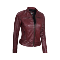 Dodge Women's Burgundy Cafe Racer Leather Jacket