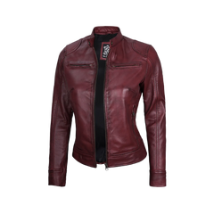 Dodge Women's Burgundy Cafe Racer Leather Jacket