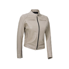 Dodge Women's Cafe Racer Beige Leather Jacket