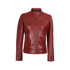 Dodge Women's Cafe Racer Red Leather Jacket