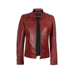 Dodge Women's Cafe Racer Red Leather Jacket