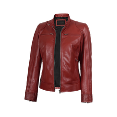 Dodge Women's Cafe Racer Red Leather Jacket