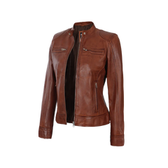 Dodge Women's Cognac Wax Brown Leather Jacket