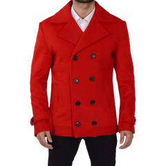 Double Breasted Wool Red Pea Coat Men - New Arrival - Christmas Special