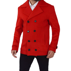 Double Breasted Wool Red Pea Coat Men - New Arrival - Christmas Special