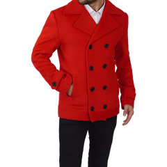 Double Breasted Wool Red Pea Coat Men - New Arrival - Christmas Special