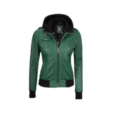 Edinburgh Green Women's Leather Jacket with Removable Hood