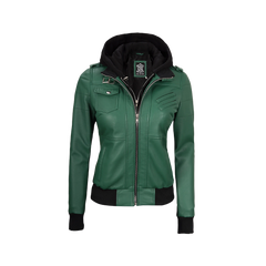 Edinburgh Green Women's Leather Jacket with Removable Hood