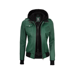 Edinburgh Green Women's Leather Jacket with Removable Hood