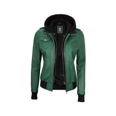 Edinburgh Green Women's Leather Jacket with Removable Hood