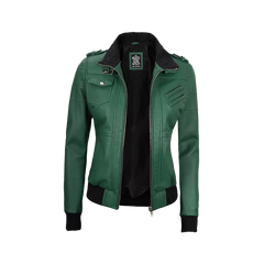Edinburgh Green Women's Leather Jacket with Removable Hood