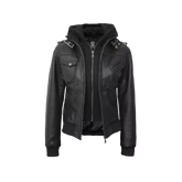 Edinburgh Women's Bomber Black Leather Jacket with Removable Hood