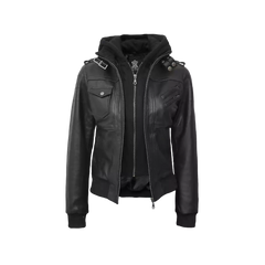 Edinburgh Women's Bomber Black Leather Jacket with Removable Hood