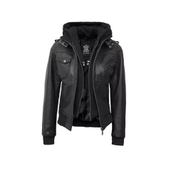 Edinburgh Women's Bomber Black Leather Jacket with Removable Hood
