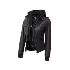 Edinburgh Women's Bomber Black Leather Jacket with Removable Hood