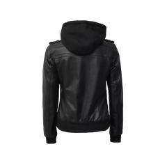 Edinburgh Women's Bomber Black Leather Jacket with Removable Hood