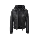 Edinburgh Women's Bomber Black Leather Jacket with Removable Hood