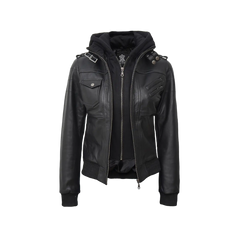 Edinburgh Women's Bomber Black Leather Jacket with Removable Hood